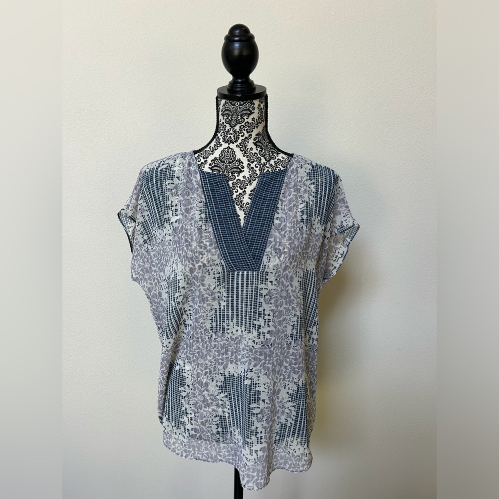 Cabi #278 Printed Stitch Placket Floral Plaid Sheer Blouse Top M